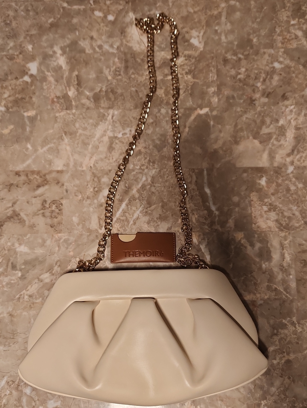 Themoirè Cream Pleated Shoulder Bag with Gold Chain